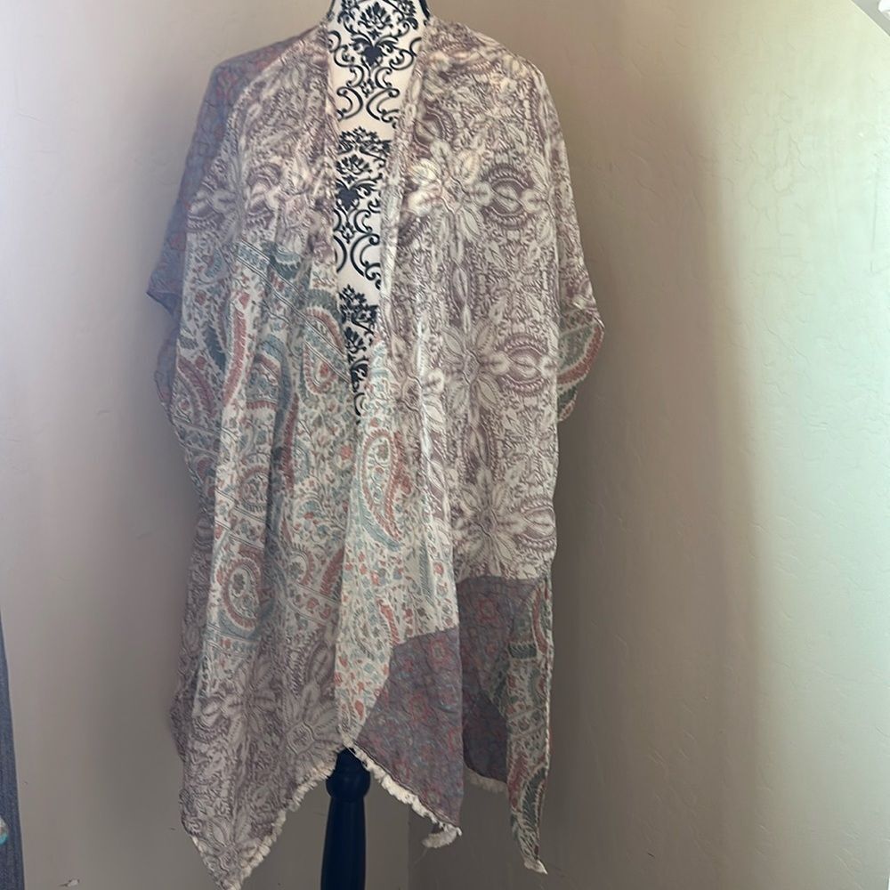 Kimono‎ Duster Semi Sheer Top Open Front Cardigan fall  Tan Multi Print